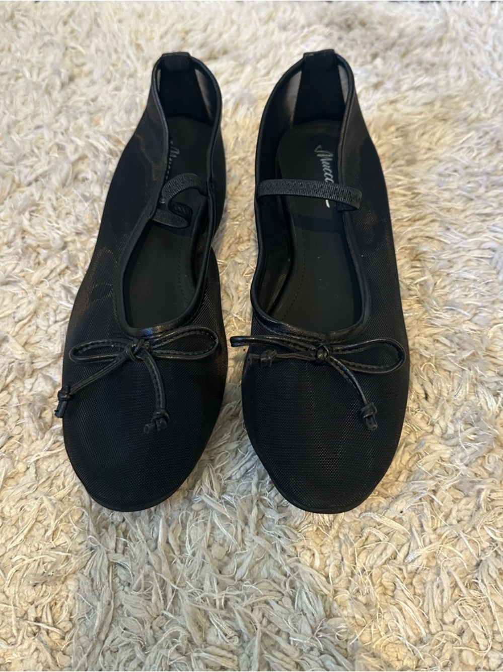 Women's Black Ballet Flats with Bow and Elastic Strap